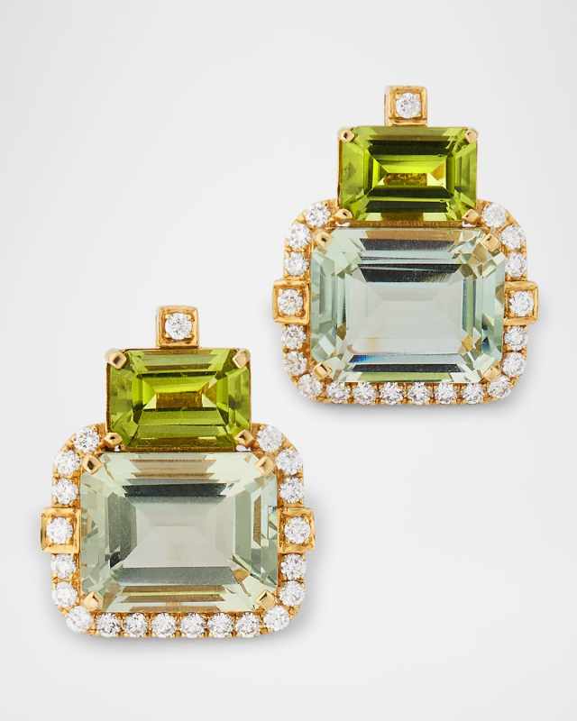 Gossip 18K Yellow Gold Prasiolite and Peridot 2 Stone Emerald Cut Earrings with Diamonds